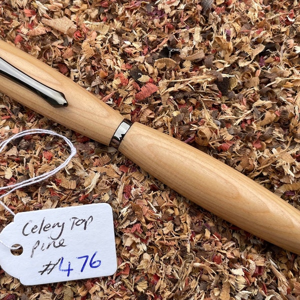 Tasmanian Celery Top Pine wood hand turned slimline pen with gunmetal finish.