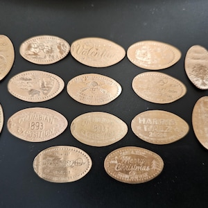 Collectors Package Set of  15 Pressed Pennies second Batch Smashed Penny Pressed Dimes Pressed Nickel Elongated Coin