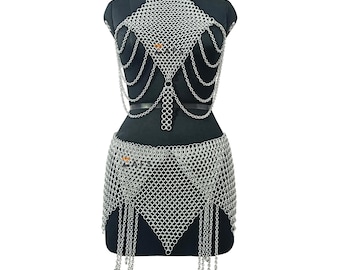 Aluminum Chainmail Top and Skirt Lightweight Body Jewelry 10mm Ring Handmade Medieval Mini Skirt/Belt Ren Faire Costume