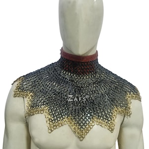 Medieval Knight Bishop Mantle Collar 9mm Riveted Ring Mild Steel and Brass Chainmail Armor LARP Cosplay Shoulder Cape Wearable for Adults