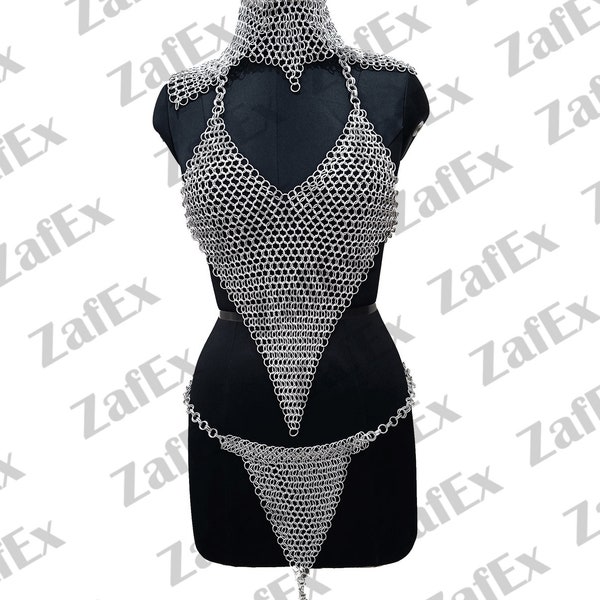 Aluminum Chainmail Bikini Set with Coif, Rave Outfit