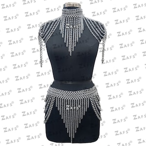 Aluminum Chainmail Collar and Skirt Shoulder Jewelry Small Chain Layers Neck Piece Medieval Ren Faire Mini Skirt/Belt, Halloween Gift