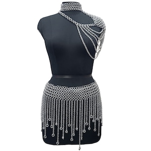 Medieval Chainmail Shoulder Collar and Skirt/Belt Body Jewelry Small Chain Layers Neck Piece Aluminum Fringed Costume, Halloween Gift