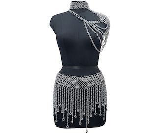 Medieval Aluminium Chainmail Shoulder Collar and Skirt Handmade Body Jewelry Fringed Belt LARP Festival Outfit Costume, Halloween Gift