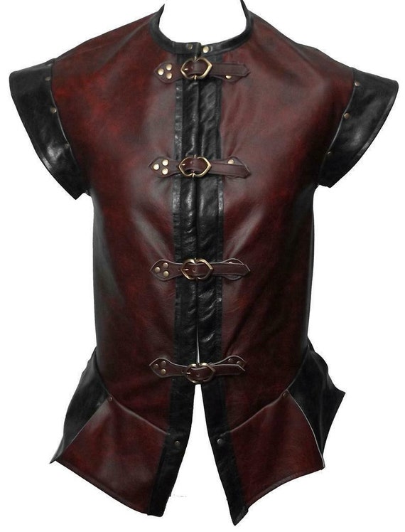 Italian Leather Jerkin in Red & Black Medieval Vest Large Jacket