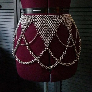 Chainmail Skirt Aluminum Ornamental Belt & Belly Dance Fringed Mini Skirt Medieval Cosplay for LARP, Ren Faire Costume