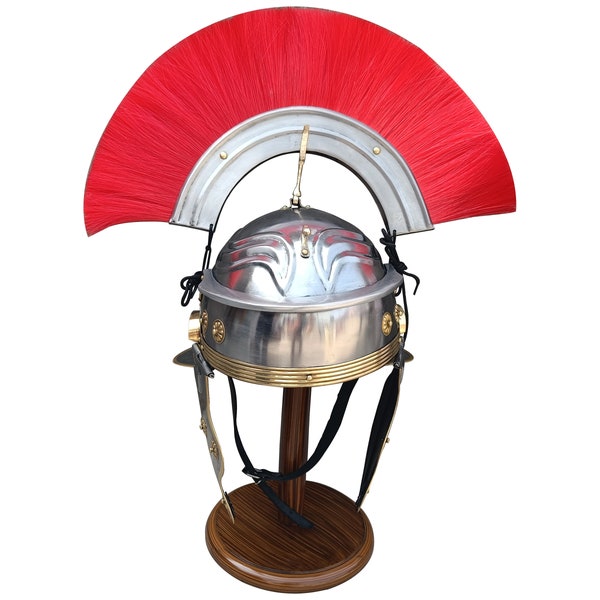 New Roman Imperial Gallic Centurion MS Steel with Brass Helmet Armour with Red Crest Plume Head Gear Product