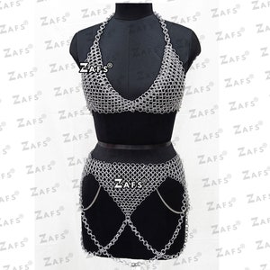 Aluminium Kettenhemd Bikini Set Leichter Mittelalterlicher BH & Mini Rock Gürtel Renaissance Fair Outfit, Rave Wear, LARP und Cosplay Kostüm