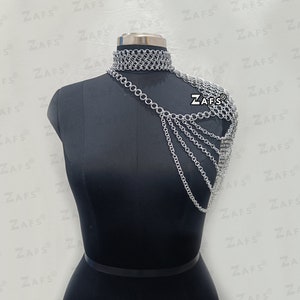 Chainmail Shoulder Jewelry Small Chain Layers Aluminum Rave Outfit, Neck Piece Medieval Halter Top Rain Fair Costume, Halloween Gift