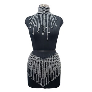 Medieval Chainmail Halter Collar and Mini Skirt/Belt Unique Design Aluminum Bikini Cosplay Metal Necklace Ren Faire Dress for Larp