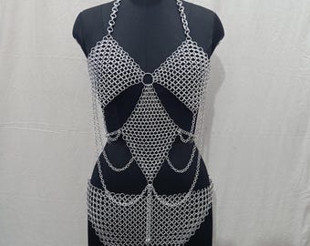 Chainmail Top and Skirt Body jewelry Aluminum Butted Ring Lightweight Medieval Ren Faire Costume, Handmade Festival Outfit, Halloween Gift