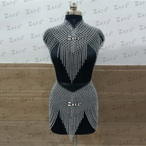 Chainmail Skirt and Collar Set Lightweight Neck Piece Aluminum Body Jewelry for Festivals Costume, Medieval Mini Skirt, Halloween Gift