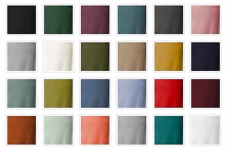 May include: A collection of 20 fabric swatches in various colors, including black, green, purple, blue, gray, white, brown, red, and orange. The swatches are arranged in a grid pattern.