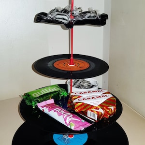 Vintage Retro Upcycled Vinyl Records 2, 3, 4 tier Cake Stand Afternoon Tea Sandwiches Treats Unique Gift