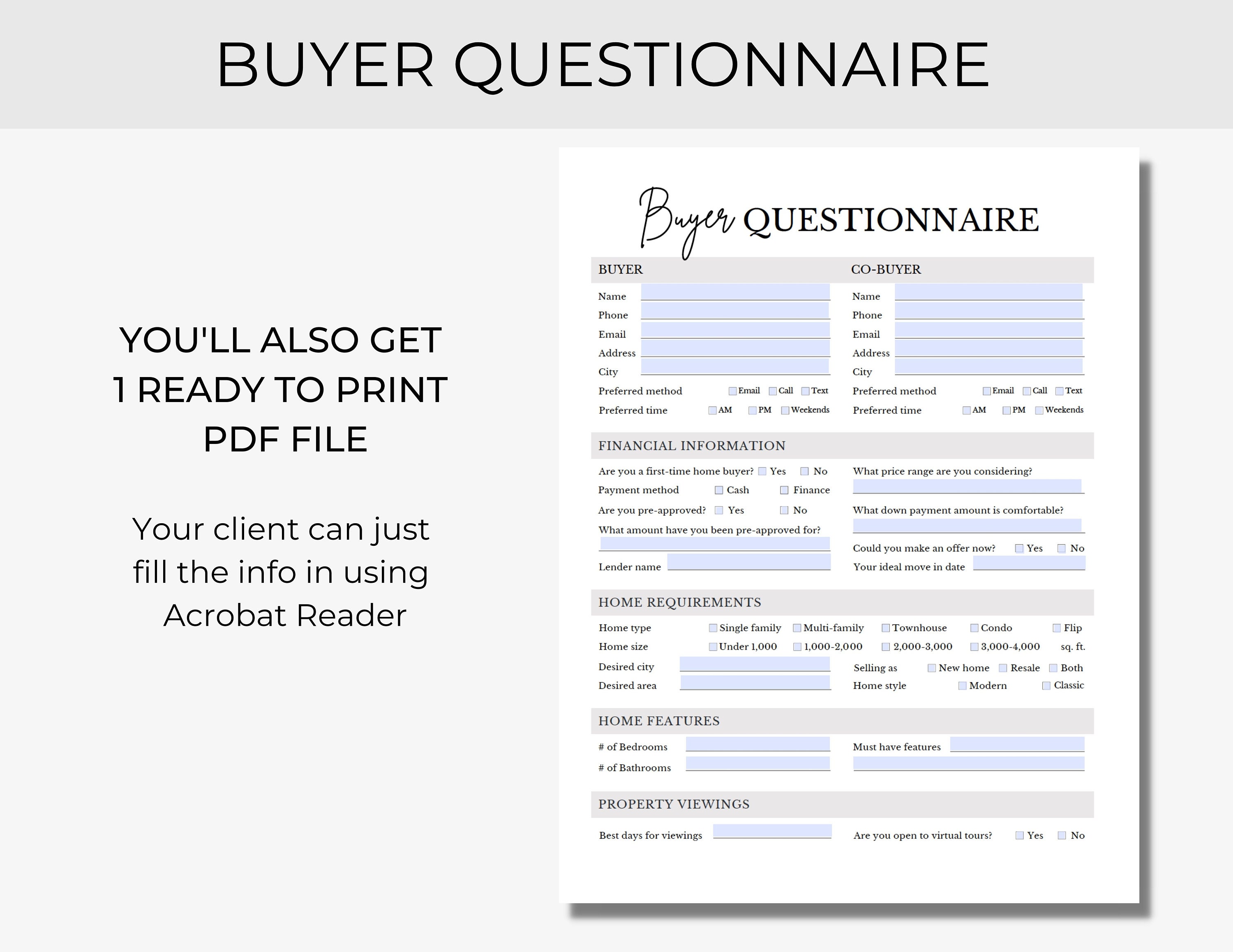 Real Estate Buyer Questionnaire Client Questionnaire Form Etsy