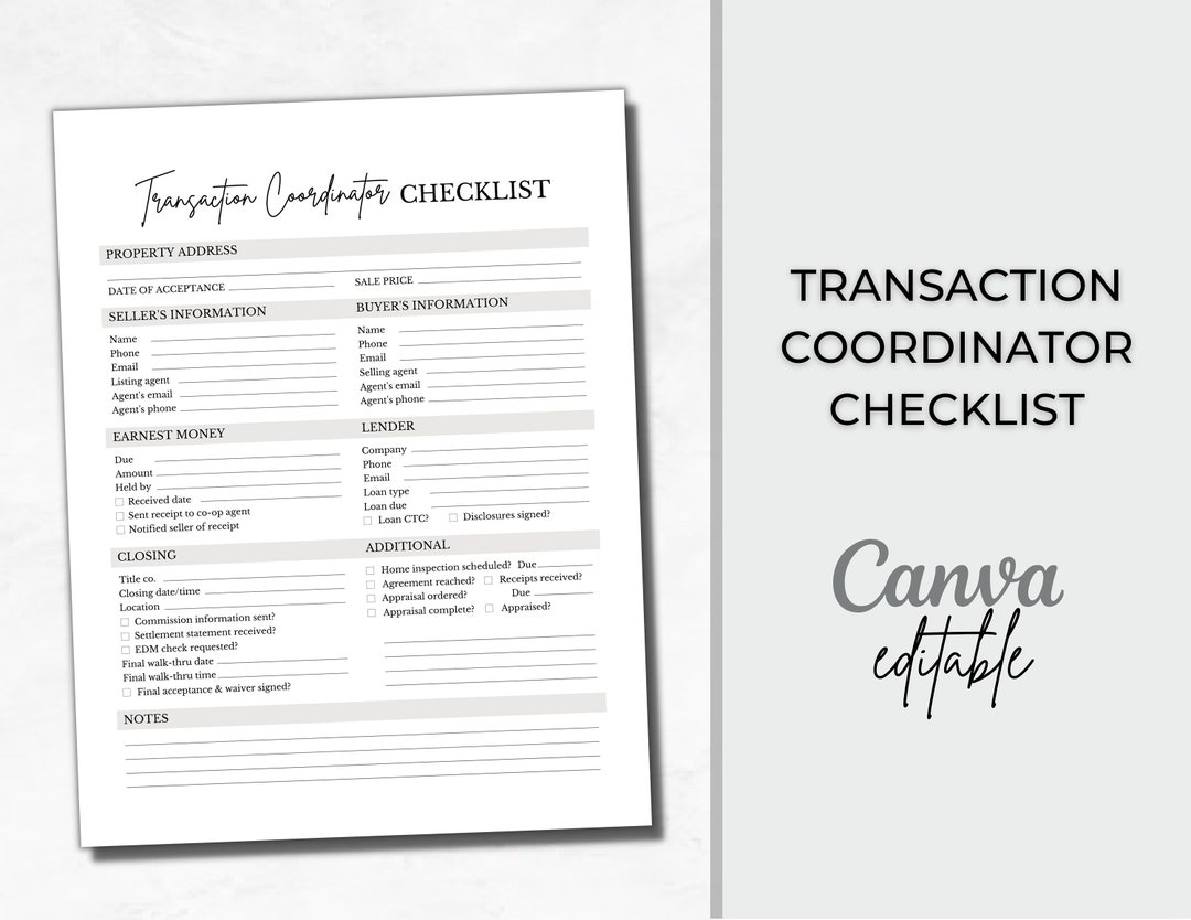 Transaction Coordinator Checklist | Canva Template | Instant Download ...