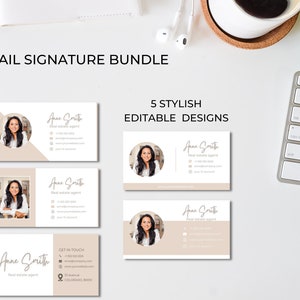 May include: Five editable email signature designs featuring a woman's headshot and contact information. The designs are in a minimalist style with a beige and white color scheme.