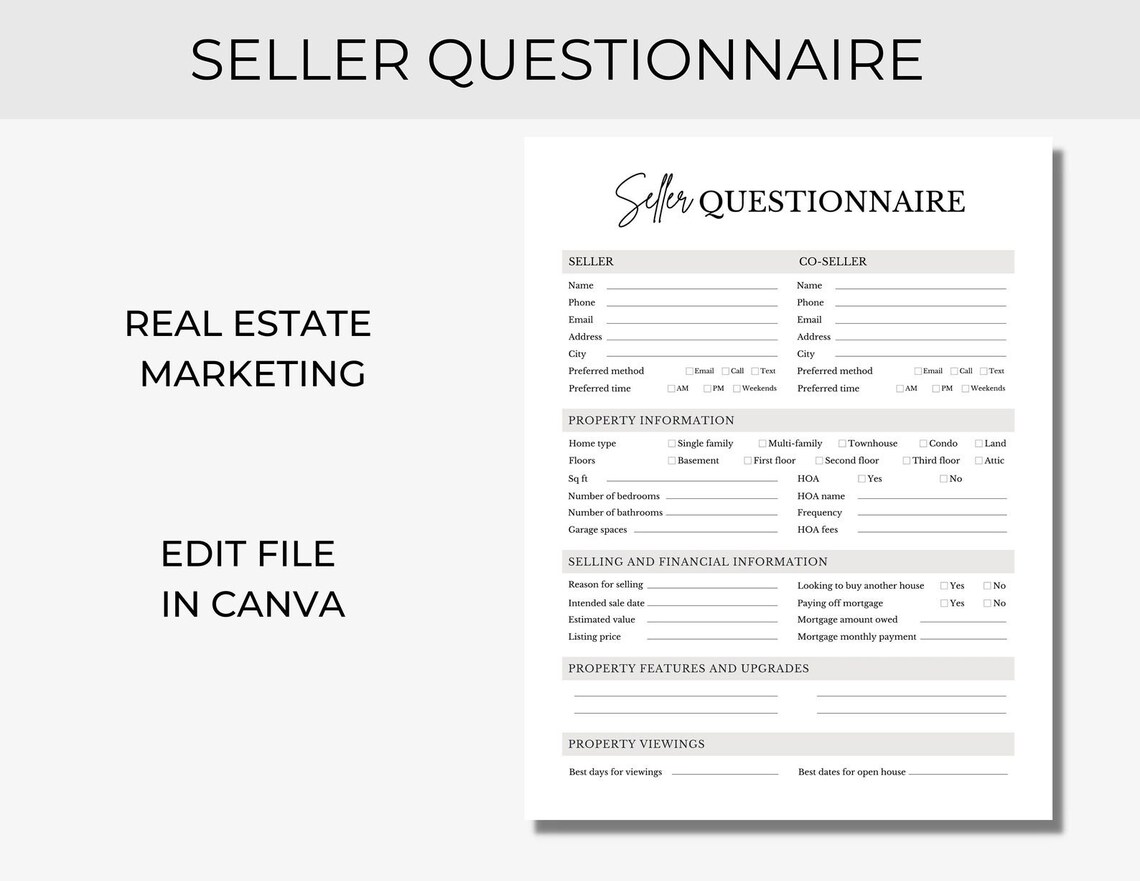 Real Estate Seller Questionnaire Client Questionnaire Form Etsy