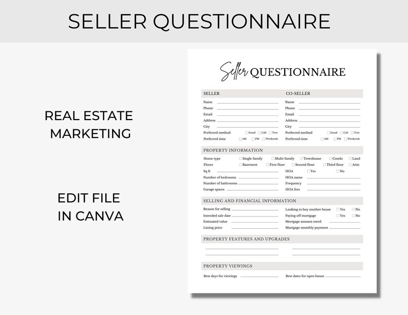 Real Estate Seller Questionnaire Client Questionnaire Form Etsy