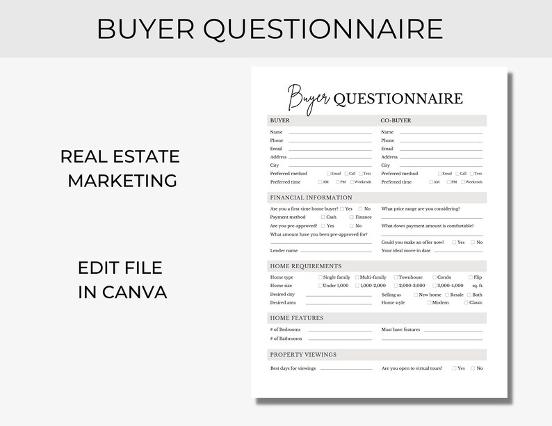 Real Estate Buyer Questionnaire Client Questionnaire Form Etsy