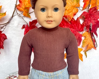 Ruthie Turtleneck, Brown ribbed turtleneck top for 18 inch American girl dolls, trendy, long sleeve