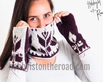 Baltic Flowers Cowl and Fingerless Gloves Set Crochet PATTERN Bundle, Instant Download, Crocheted Ethnic Neck Wrist Warmers, Texting Mitts