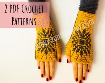 Baltic Sun Fingerless Gloves and Ear Warmer Headband Crochet Pattern, Ethnic Mosaic Overlay Project, Texting Mitts, Wrist Warmers, Earwarmer