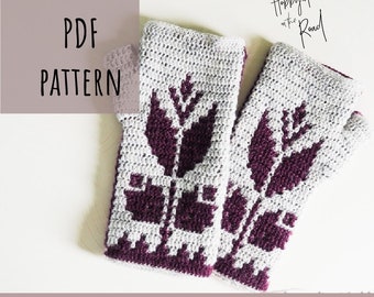 Baltic Flowers Fingerless Gloves Crochet PATTERN, Mosaic Overlay Project Instant Download, Wrist Warmers, Texting Mitts, How To Instructions