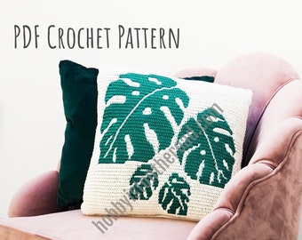 Monstera Leaves Cushion Cover, Crochet PATTERN, Swiss Cheese Plant Pillow, Mosaic Overlay Instant Download PDF, How To Tutorial Instructions