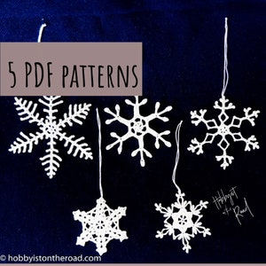 5 Crochet Snowflakes PATTERNS, Five Easy Crochet Snowflake PATTERN, Instant Download pdf, Basic Crochet Along Christmas Decor Motifs