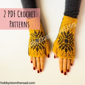 Baltic Sun Fingerless Gloves and Ear Warmer Headband Crochet Pattern, Ethnic Mosaic Overlay Project, Texting Mitts, Wrist Warmers, Earwarmer