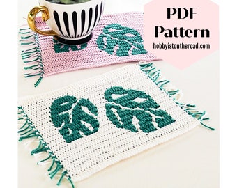 Monstera Blatt Untersetzer Häkelmuster, Mosaik-Overlay (PDF Download)