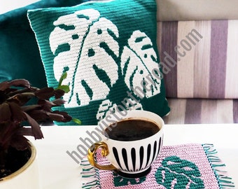 Monstera Leaves Set Bundle 2 Two Patterns, Cushion Cover and Coaster, Crochet PATTERN, Swiss Cheese Plant Pillow and Mug Rug, Mosaic Overlay