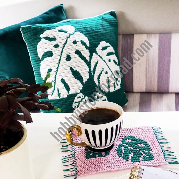 Ensemble de feuilles de Monstera Bundle 2 deux motifs, housse de coussin et sous-verre, motif au crochet, oreiller de plante de fromage suisse et tapis de tasse, superposition de mosaïque