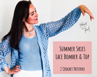 Summer Skies Lace Bomber and Sleeveless Top 2 Crochet Patterns XS-XL Sizes, Instant Download PDF, Crocheted Cardigan and Tank Shirt How To