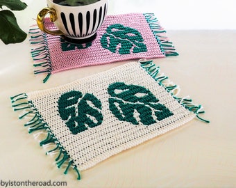 Monstera Leaves Coaster, Crochet PATTERN, Swiss Cheese Plant Mug Rug, Mosaic Overlay Instant Download PDF, How To Tutorial Instructions