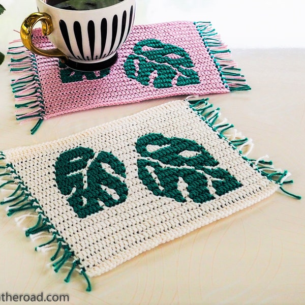 Monstera Leaves Coaster, Crochet PATTERN, Swiss Cheese Plant Mug Rug, Mosaic Overlay Instant Download PDF, How To Tutorial Instructions