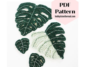 Patrón de crochet para aplique de hojas de monstera: Hoja de monstera en tres tamaños (Descarga PDF)