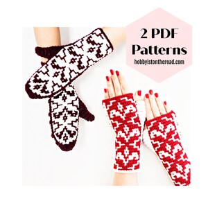 May include: Two pairs of handmade mittens and fingerless gloves. The mittens are dark red with a white snowflake pattern. The fingerless gloves are red and white with a snowflake design. The image includes the text "2 PDF Patterns".