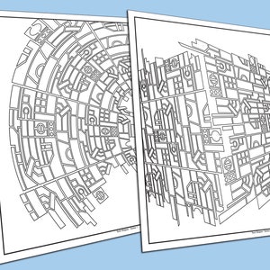 Puede incluir: Dos páginas para colorear abstractas en blanco y negro. Una presenta un diseño circular con formas concéntricas, la otra un paisaje urbano geométrico. Ambas están impresas en papel blanco con bordes negros. El texto "Tech Shapes - Series 1" es visible.