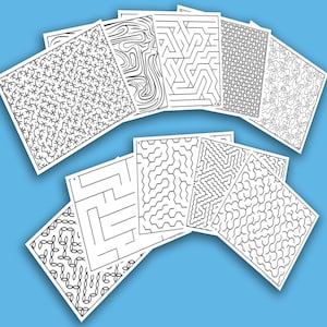 May include: A collection of square, black and white maze puzzles with various intricate designs. The puzzles are arranged on a light blue background, showcasing a variety of patterns and challenges for puzzle enthusiasts.