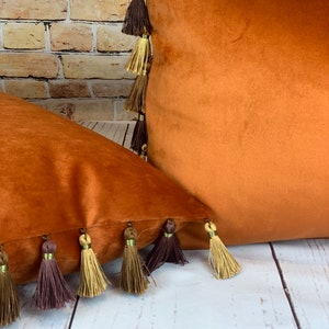 Burnt orange Velvet Cushion, Tassel Pillow Uk, Copper Velvet with Tassels, Lumbar Cushion, Cushion Cover UK