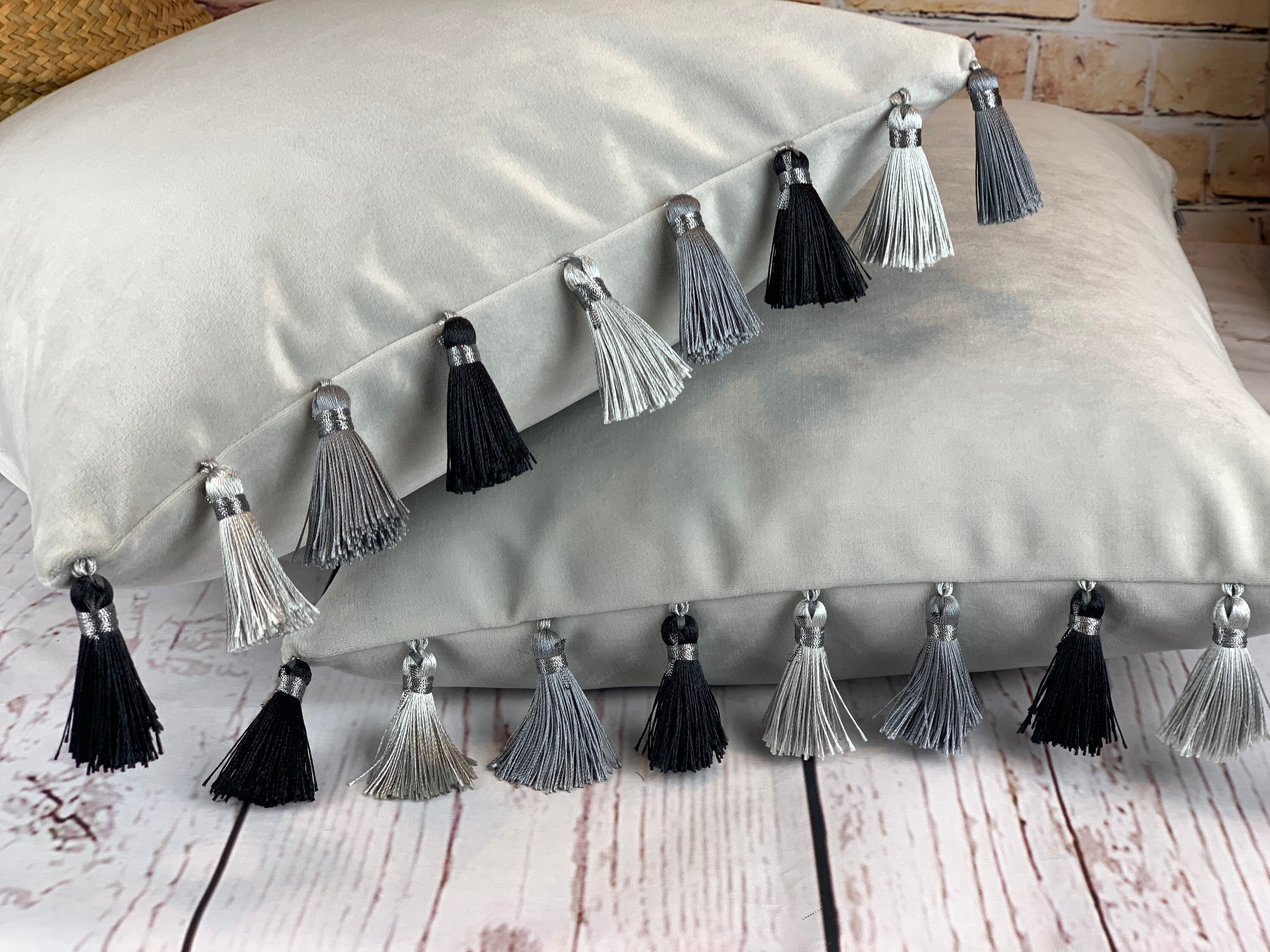 Grey tassel pillow hotsell