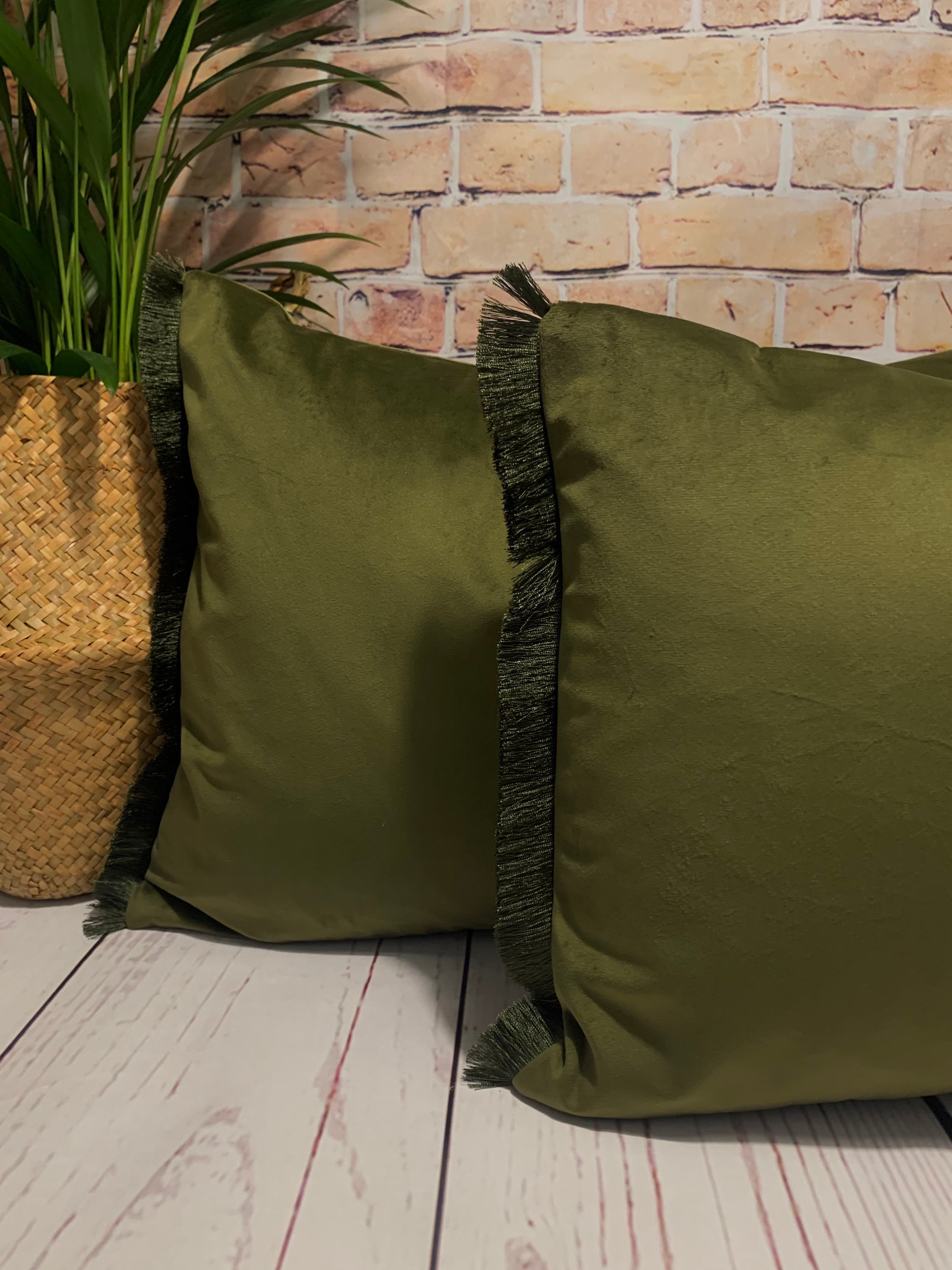 Olive Velvet Cushion Fringed Cushion Green Cushion Olive Etsy 日本