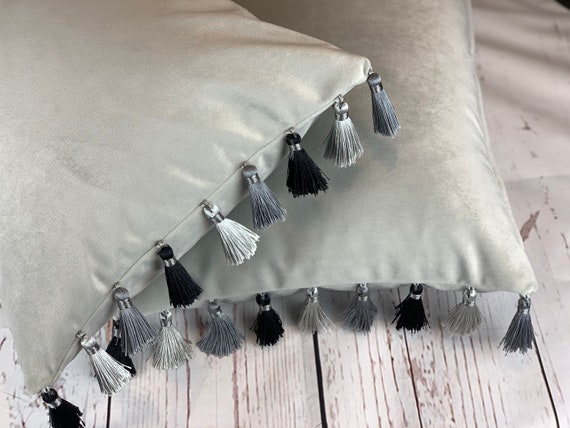 Silver Velvet Cushion Tassel Pillow Light Grey Velvet With Tassels Lumbar Cushion Cushion Cover UK Etsy