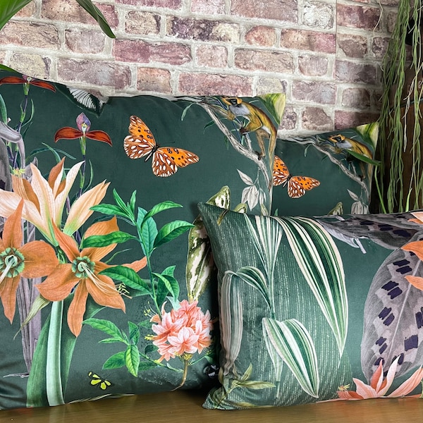 Tropical Cushion, Tropical Theme, Green Cushion, Velvet Throw Pillow, Monkey Cushion, Houseplant Cushion