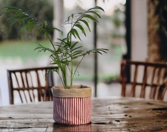 Plant Pot, Red Plant Pot, Striped Pot, Fabric Planter, Plant Lover Gift, Plants Pot, Fabric Basket, Hessian Plant Pot, Storage Pot