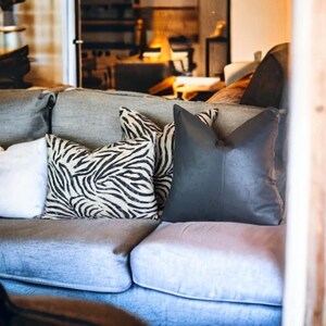 Peut inclure: Un canap&eacute; bleu clair avec trois coussins. Les coussins sont &agrave; imprim&eacute; z&egrave;bre noir et blanc, un coussin noir uni et un coussin blanc. Le canap&eacute; est dans un salon.