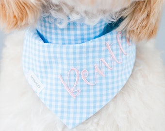 POND Blue Gingham DOG BANDANA with Snap On Dog Custom Bandana Personalized with Name Embroidered Light Blue Dog Bandana Gift for Dog Mom