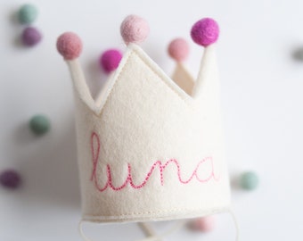 Baby First Birthday Party Hat, Birthday Crown with Name, Toddler Birthday Crown, Girl's First Birthday, Cream Felt + Choose Color